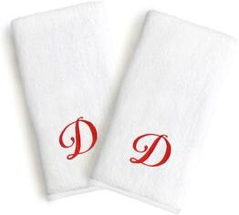 Authentic Hotel and Spa 2-piece White Turkish Cotton Hand Towels with Holiday Red Script Monogrammed Initial