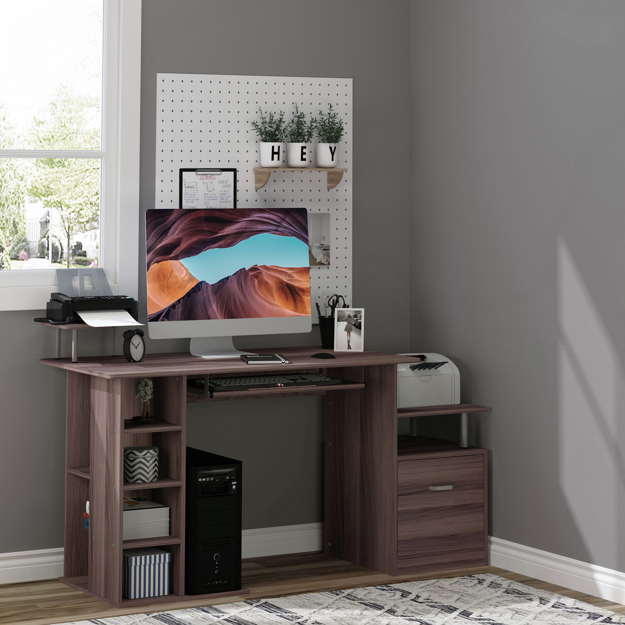 Homcom scrivanie ufficio scrivania salvaspazio per Computer, Tavolo per PC in Legno Marrone Scuro Effetto Legno Aosom