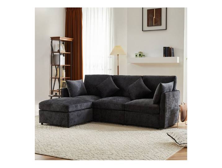 Merax Ecksofa mit Fußhocker und 4 Kissen, 3-Sitzer Sofagarnitur, modulare Couch aus Chenille-Stoff