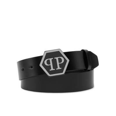 Ledergürtel PHILIPP PLEIN "Hexagon", Herren, Gr. 100, 0291, schwarz, nickel, Gürtel Ledergürtel