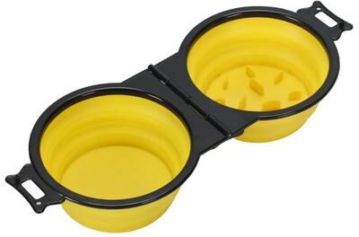 Uplift Treasures Foldable Dual Bowl Portable Pet Feeding And Water Bowl For Travel yellow (slow Feeder)