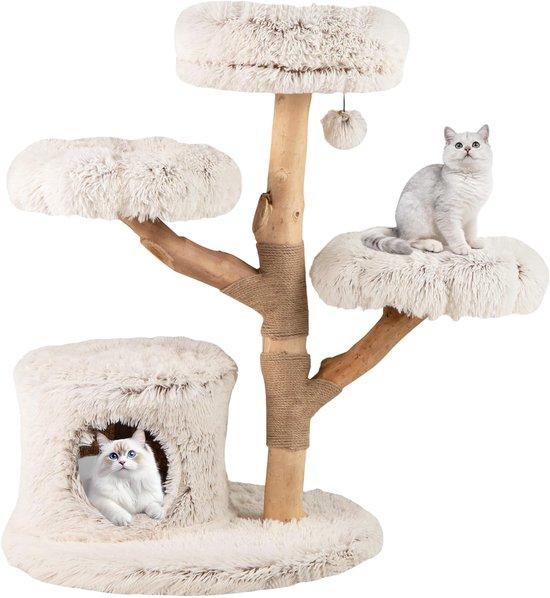 Famanu Kratzbaum für Katzen mit Jutebezug und Plüschliegefläche - Natur
