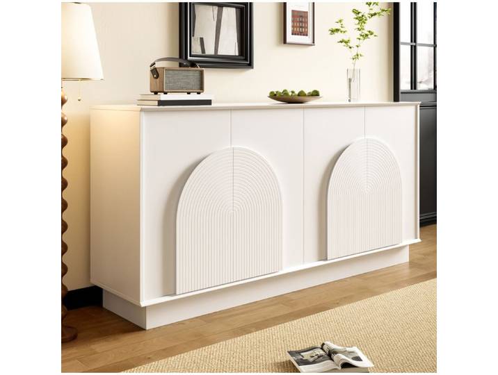 WOVREO Buffet bas 4 portes 160 cm blanc mat en MDF panneaux cintrés et rangement intérieur