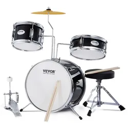 VEVOR Schlagzeugset, 3-teilig, Drum-Set mit verstellbarem Thron-Becken-Pedal, zwei Paar Drumsticks, ca. 20 cm Tom Drum, ca. 25 cm Snare Drum, ca. 36 cm Bass Drum, Schlagzeugset für Kinder, schwarz