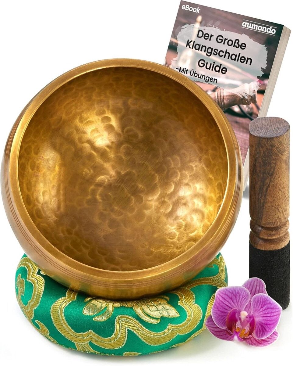 INF Kupfer-Klangschalen-Set für Meditation und Klangheilung mit Lederschlägel und Kissen - Gold L