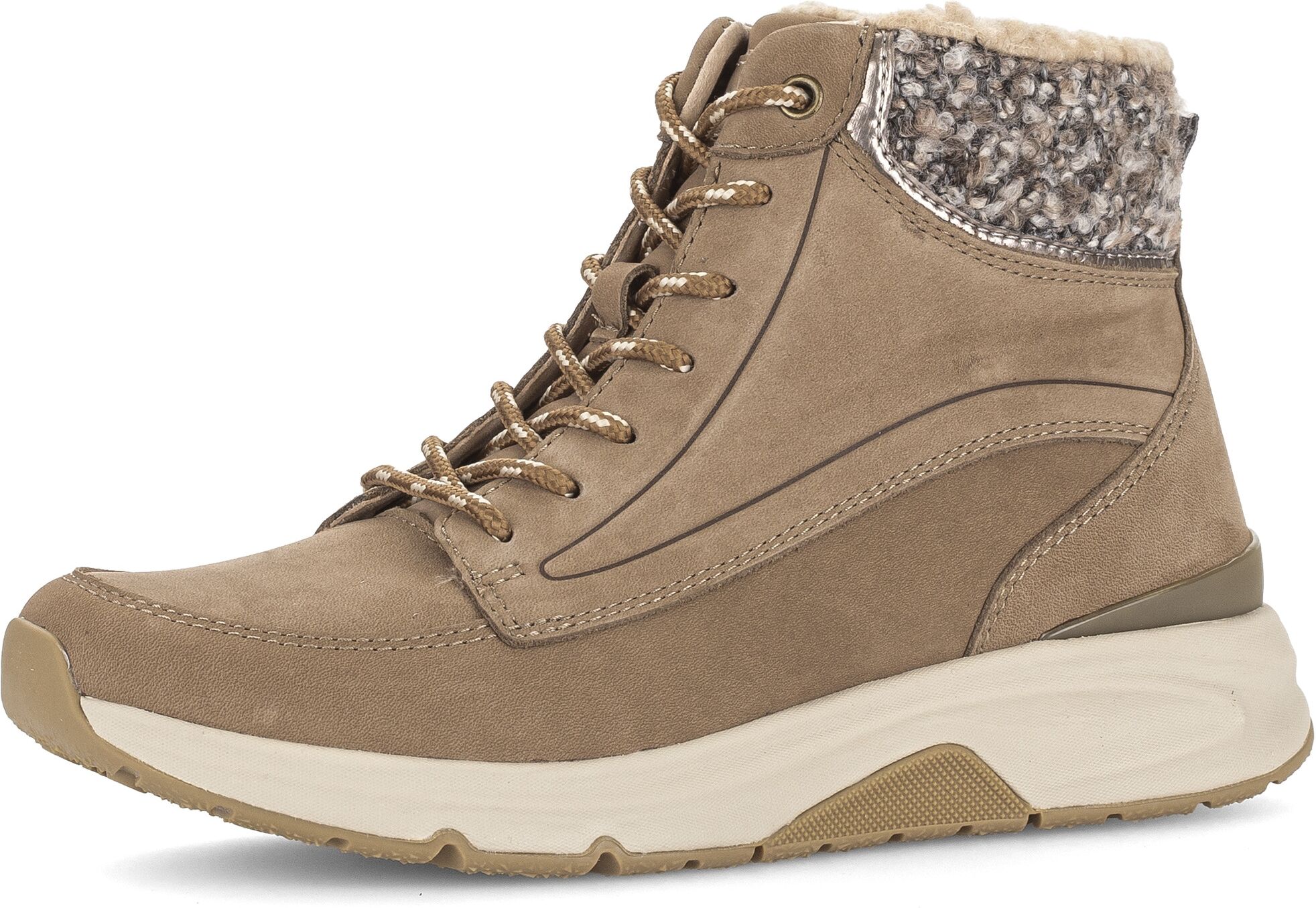Schnürboots GABOR, Damen, Gr. 38, wärmend, beige (hellbraun), Veloursleder, Schuhe Schnürboots, Keilabsatz, High-Top-Sneaker mit warmem Kragen