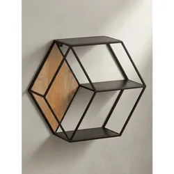 Wandregal Mango Massivholz Metall Industrial Stil 60x52x20 cm Sechseckig mit 3 Ablagen