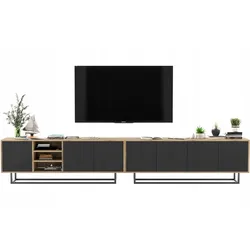 TV-LOWBOARD 2er-Set Apollo Wotan Eiche / Schwarz matt 300 cm mit Metallrahmen
