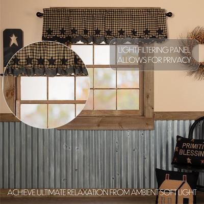VHC Brands Primitive Kitchen Curtains VHC Star Valance Rod Pocket Cotton Star Appliqued