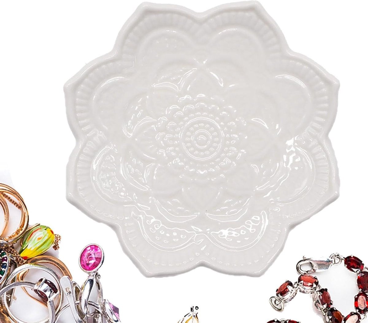 Wit decoratieve sieradenschotel en sleutelkom - B/D/H: 10 x 10 x 1 cm
