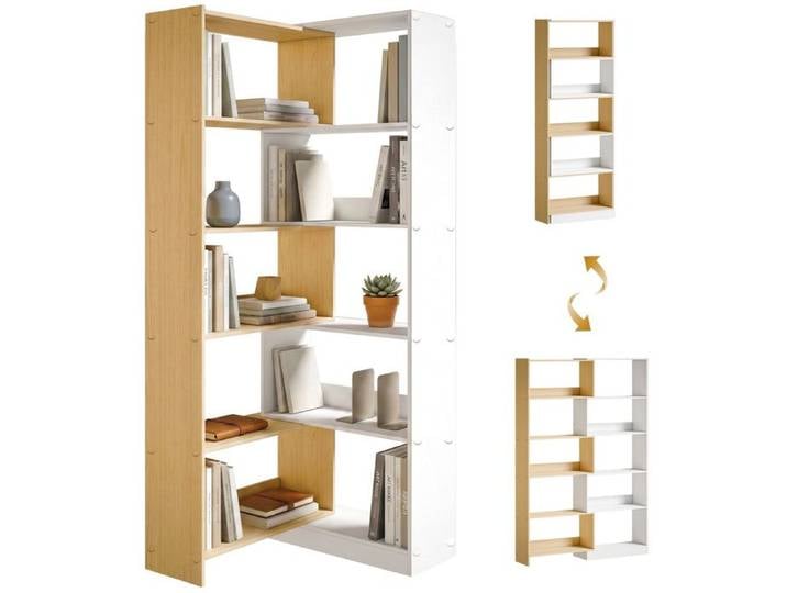 Bibliothèque d'angle - HOMCOM - rotative 350° - 5 niveaux - bois - 60-111x24x164cm - chêne et blanc