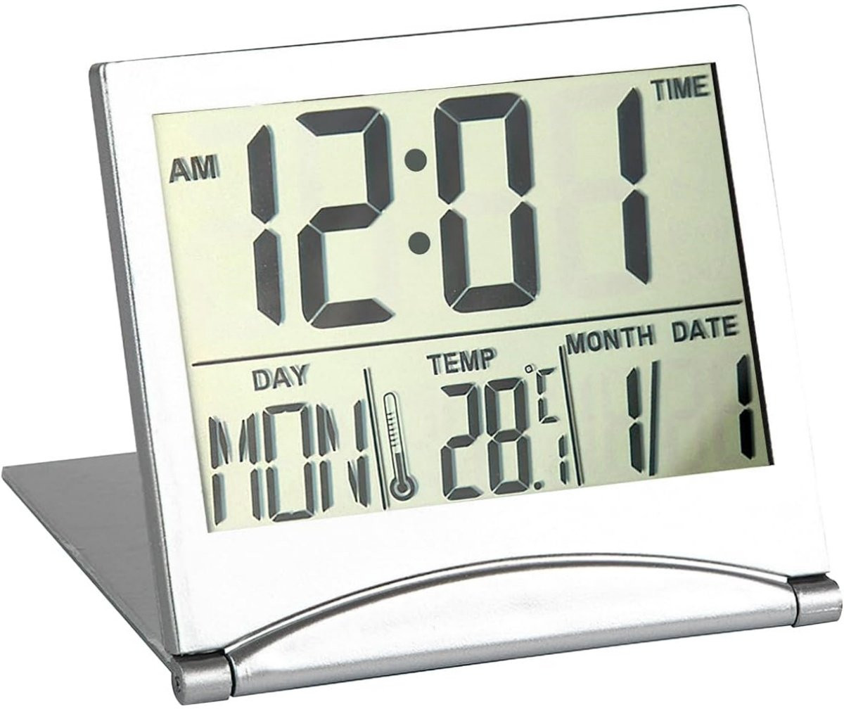 Compacte digitale reiswekker met kalender en alarm in zilver en wit