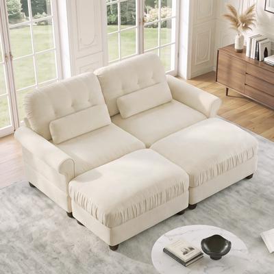 "GDFStudio - 69.2"" Chenille Modular Loveseat Sofa with Ruffled Edge, Rolled Arms and 2 Ottomans"