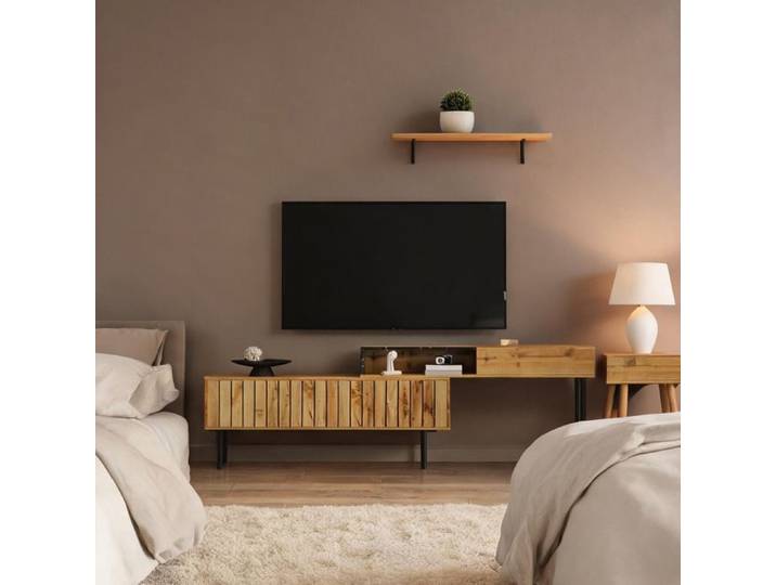 Meuble TV en bois naturel avec rangement design marbre et bois pieds en métal style contemporain