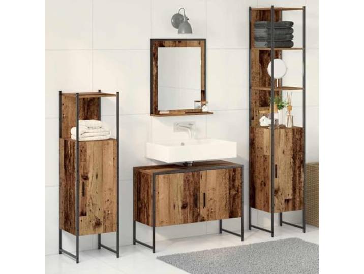 ZQQLVOO Badezimmermöbel-Set 4 STK. Braun 33 x 33 x 185,5 cm Holzwerkstoff, glatte Oberfläche, feuchtigkeitsresistent, minimalistischer Stil, hoher Schrank, flacher Spiegel