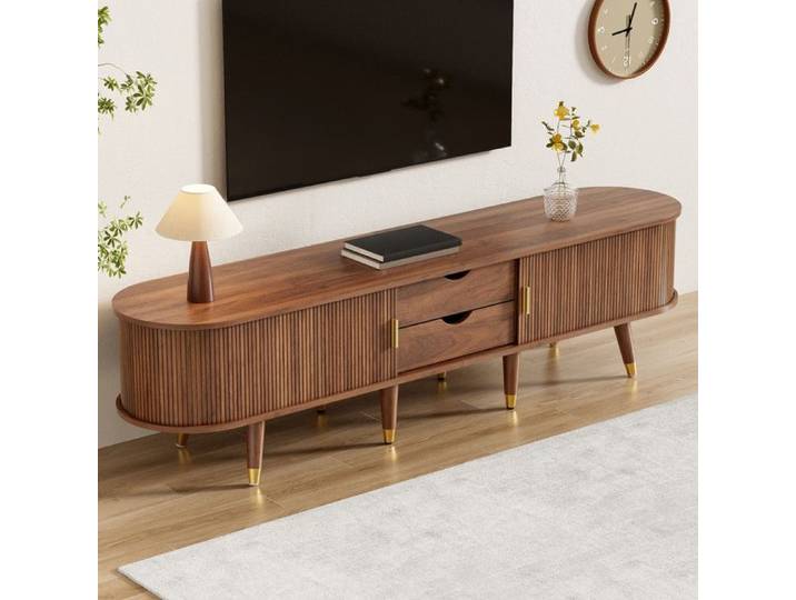 Piaenon - Meuble TV Ovale 175x38x45cm avec 2 Porte 2 Tiroirs Étagères 60kg Salon - Noyer