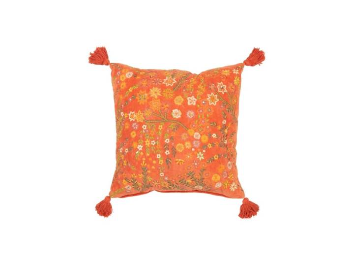 Coussin carré fleurs+flocons en velours orange 50x50x15 cm