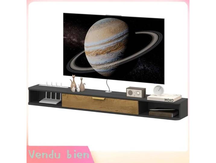 LIA Meuble TV suspendu gris 160x24x16cm compartiments ouverts porte rabattable passe-câbles