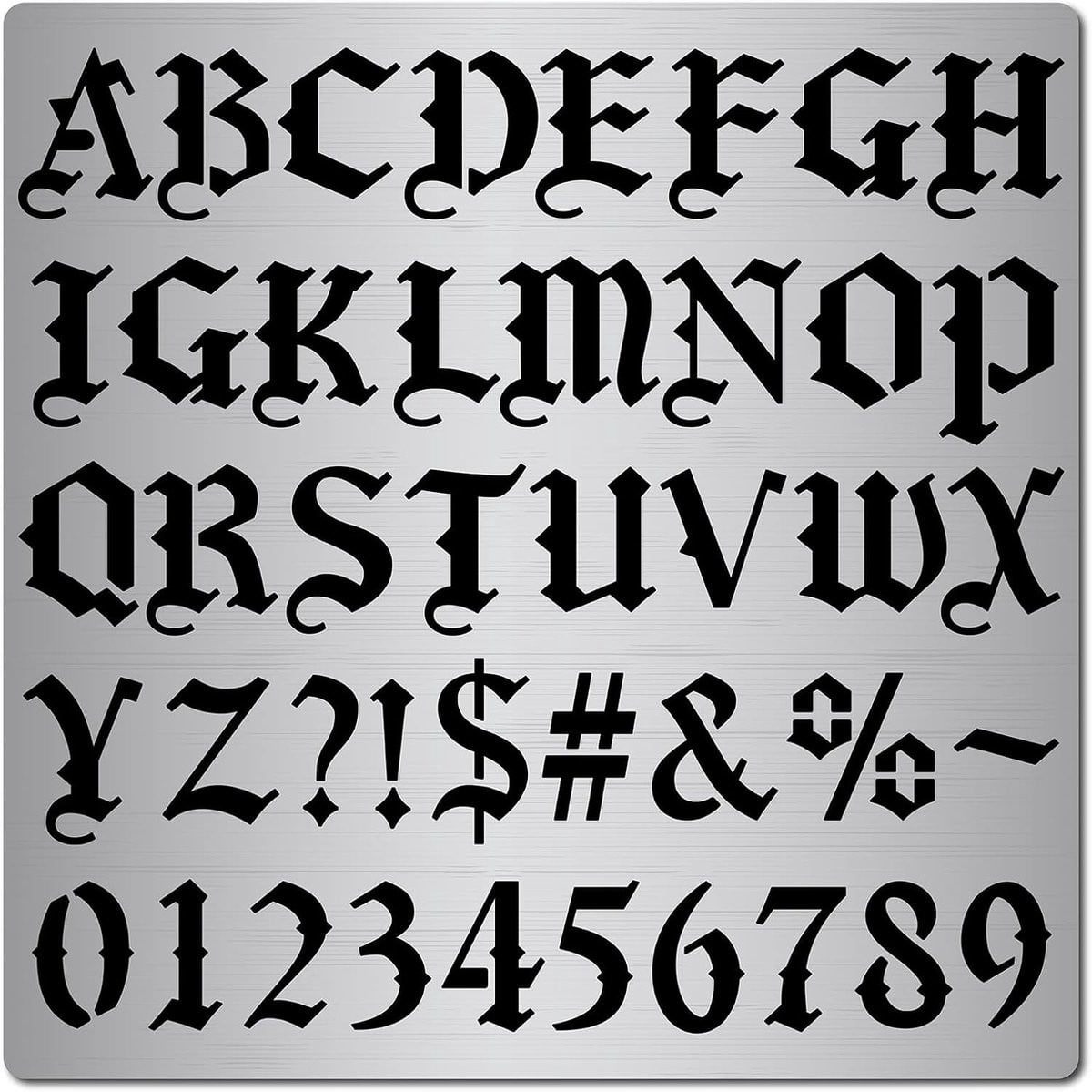 Metalen Gotische Lettertype Sjabloon voor Schilderen en Pyrograveren, Vintage Alphabet en Cijfers, 16 x 16 cm