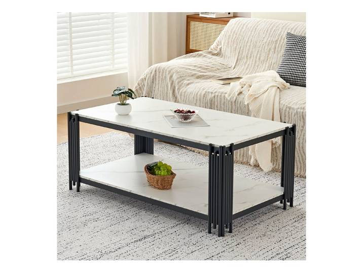 Fine Life Pro Couchtisch Couchtisch, Marmoroptik, Metallbeine, weiß-schwarz, 114x64x46 cm