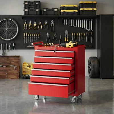 Garvee 6-Drawer Portable Tool Storage Cart, Rolling Tool Chest Cabinet, Lockable Toolbox Organizer, Red