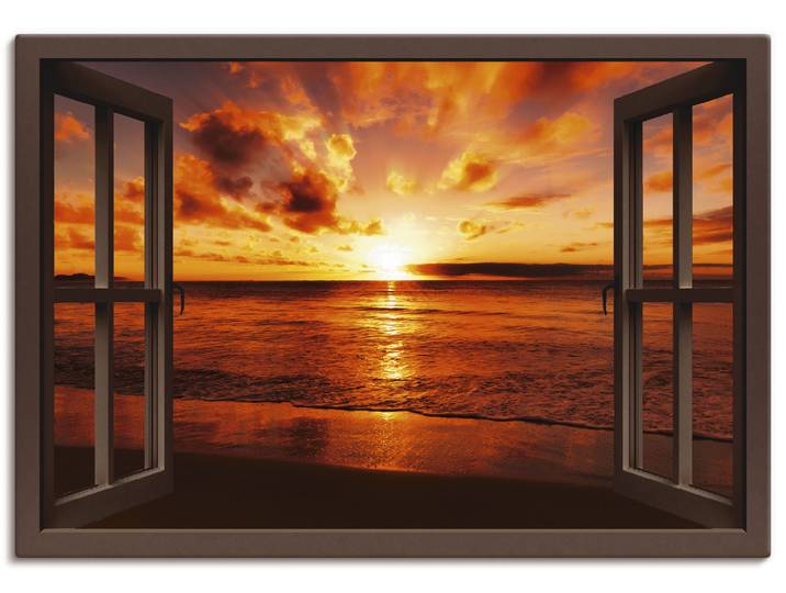 Leinwandbild ARTLAND Fensterblick Sonnenuntergang am Strand , braun (farbe bild(er): braun), B:130cm H:90cm, Bilder, Leinwandbild, auf Holzrahmen gespannt