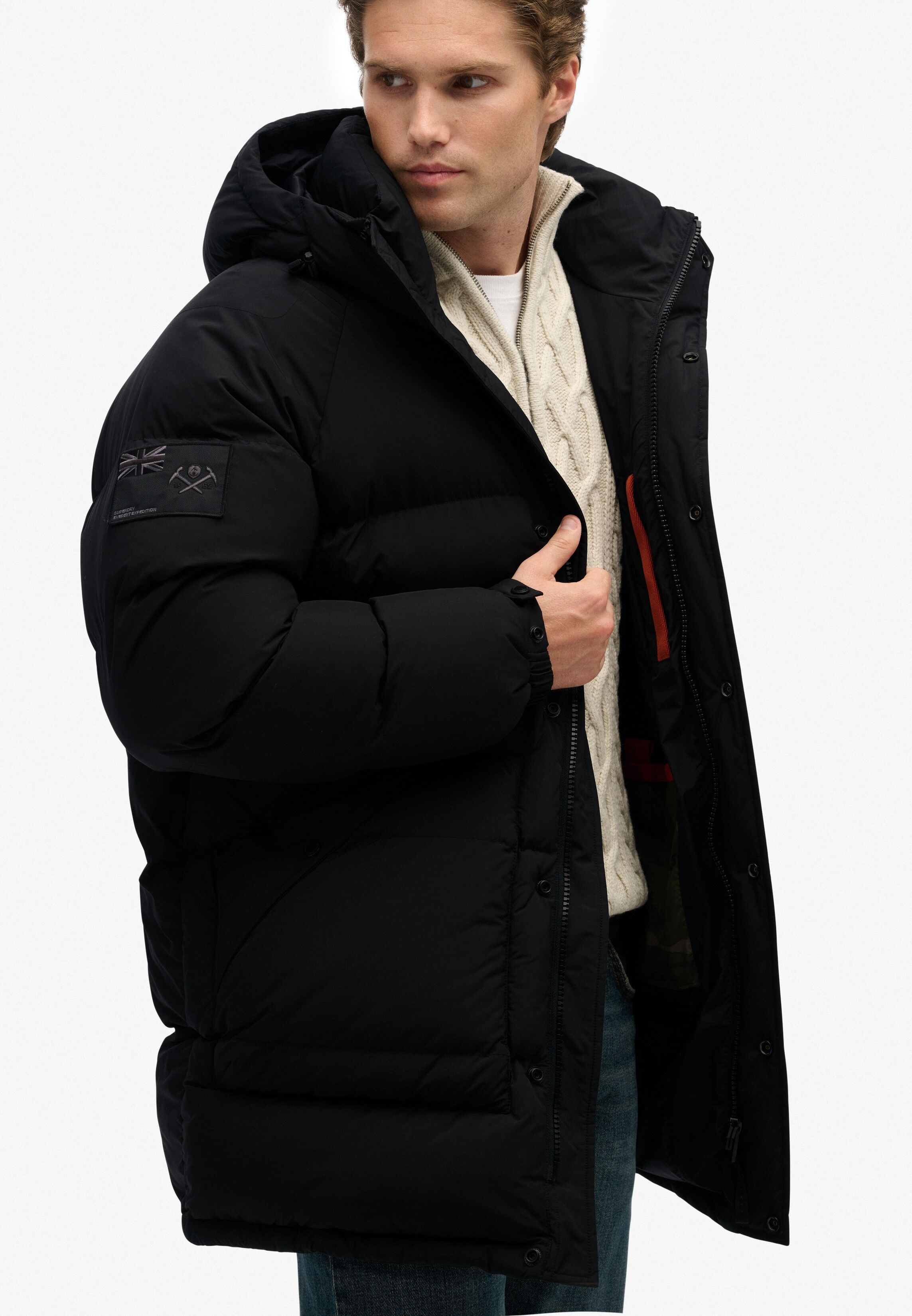 Steppjacke SUPERDRY "XPD LONGLINE BAFFLE PARKA", Herren, Gr. M, schwarz (jet schwarz), Web, Obermaterial: 100% Polyester, unifarben, oversize, Jacken Steppjacke, mit Markenlabel, aus Polyester, pflegeleicht, Oversize-Passform jet schwarz M