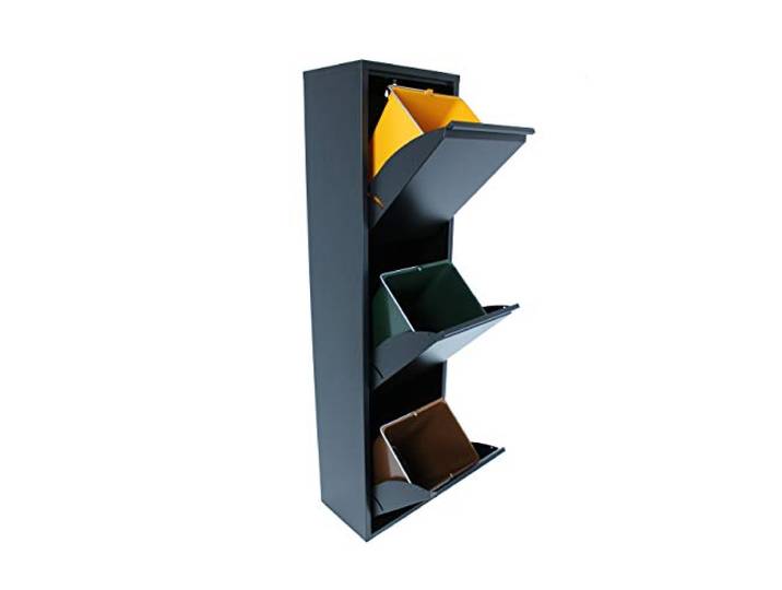 DRW Recycling-Abfalleimer, 3 Mülleimer, 33 x 25 x 135 cm, Schwarz