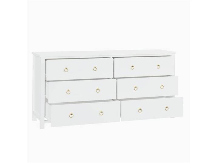 Grande commode 6 tiroirs bois blanc poignées dorées anti-basculement compatible aspirateur robot
