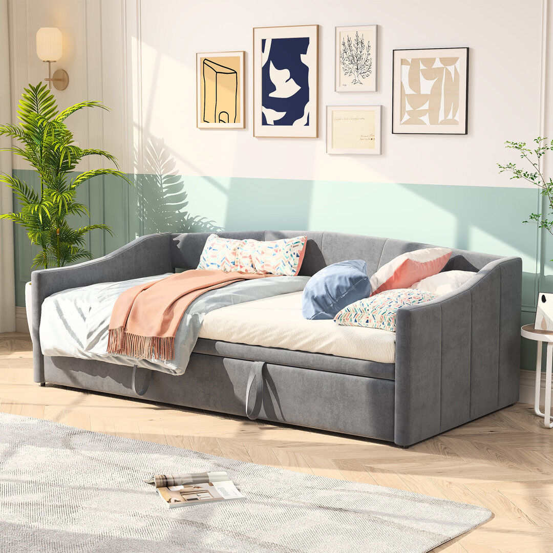 East Urban Home Upholstered Velvet Daybed with Trundle Bed Grey 74.5cm H X 100cm W X 210cm L