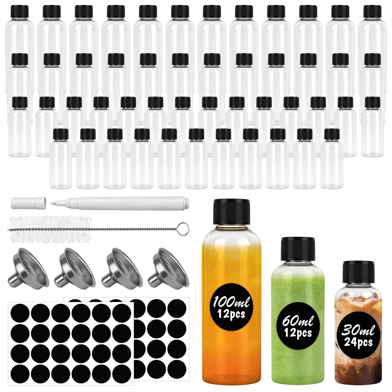 Set van 48 mini plastic flessen met deksels en trechters