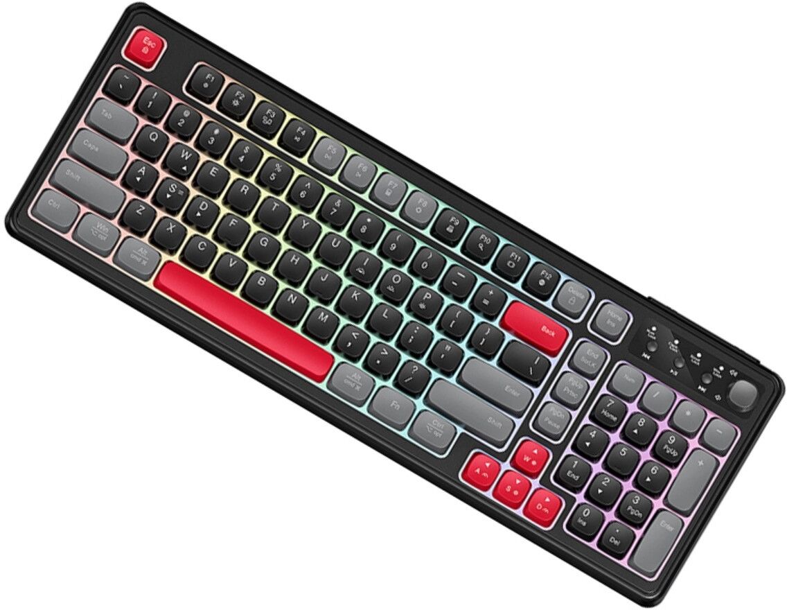 INF Kabelgebundene 99-Tasten Tastatur in Drei-Ton-Vollfarbe mit RGB-Hintergrundbeleuchtung, Multimedia-Lautstärkeregler und Schwarz+Grau