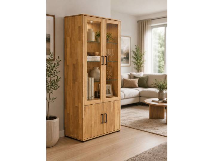 Vitrine Mido in Wildeiche massiv – Montierte Lieferung – 3%-Vorkasse-Rabatt
