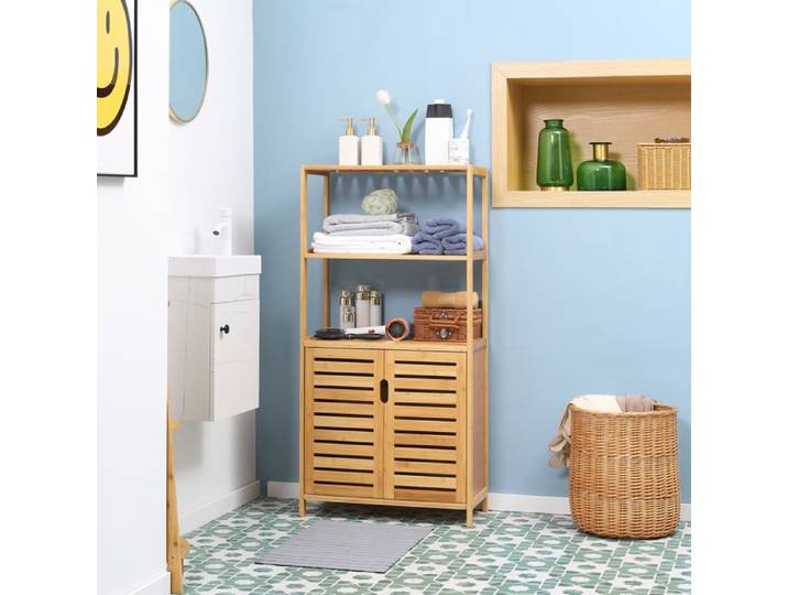 Pour salle de bain et petits espaces optimisez votre rangement avec cette armoire en bambou à double porte à lattes