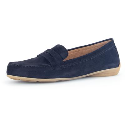Mokassin GABOR, Damen, Gr. 38, Leder, blau (dunkelblau), Ziegenveloursleder, unifarben, Schuhe Mokassin, Slipper, Bequemschuh, Flats mit modischem Zierriegel