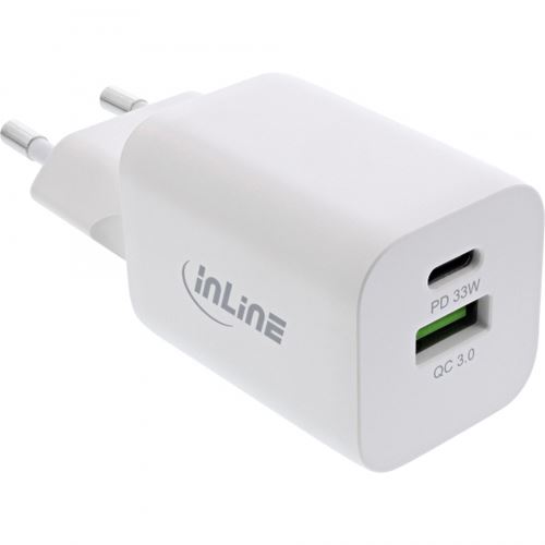 33 Watt InLine Power Delivery + Quick Charge USB Netzteil, USB-A + USB-C, weiß
