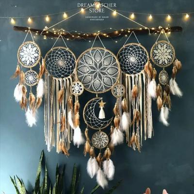 Inspired Living Boho Macrame Dream Catcher Wall Decor Set With Moon Design For Nursery & Home camel