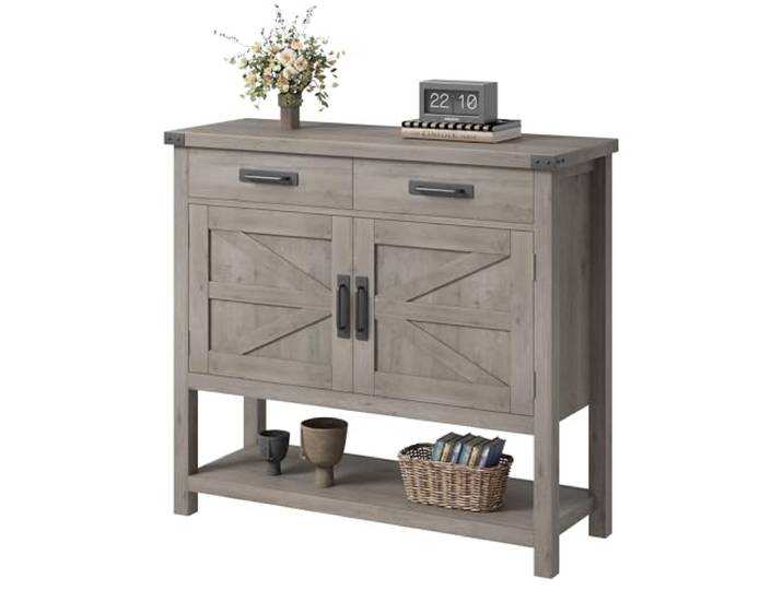 Zstar Konsolentisch 90 cm Landhaus 2 Türen 2 Schubladen Grau Vielseitig nutzbar, Coffee-Bar, Sofatisch, Flurtisch, geräumige Fächer