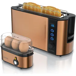Arendo Frühstücks Set, 2-Scheiben Langschlitz Toaster mit Brötchenaufsatz & Eierkocher für 3 Eier, Kupfer, Toaster, Kupfer