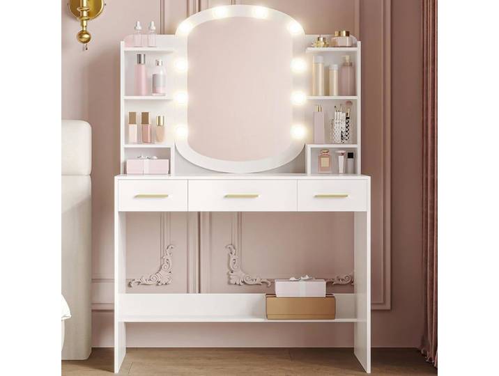 Coiffeuse avec Miroir Ovale Coiffeuse avec Miroir LED à Luminosité Réglable 3 Tiroirs avec 6 Étagères Ouverts 40 × 90 × 144 cm Blanc