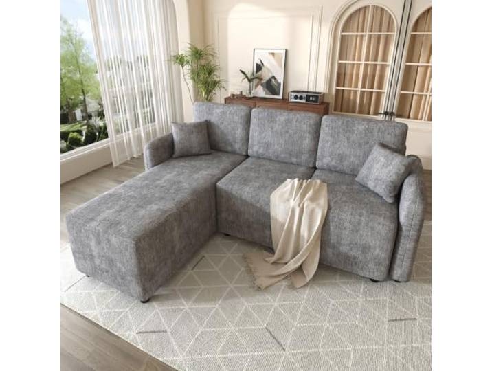 L-Form Ecksofa 3-Sitzer mit langer Liegefläche (144cm), hochwertiger Chenille-Bezug, hoher Sitzkomfort durch Hochdichteschaum, bis 150 kg Tragkraft inklusive 2 Kissen für Wohnung & Studentenwohnheim