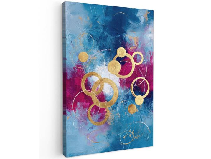 MuchoWow Leinwandbild - Kreise - Gold - Abstrakt - 60x90 - Kunstdruck, Blau, Textil, Kiefer, Rechteckig, 60x90 cm, gerahmt, Bilder & Rahmen, Bilder, Wandbilder