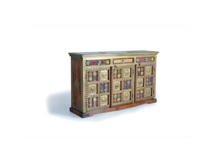 Buffet Bas - Giner y Colomer - Bois d'Acacia - Laiton Sculpté - Maïolique