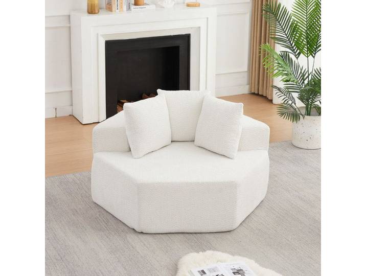 WOVREO Fauteuil modulaire hexagonal 1 place lounge en chenille bouclée beige avec 3 coussins