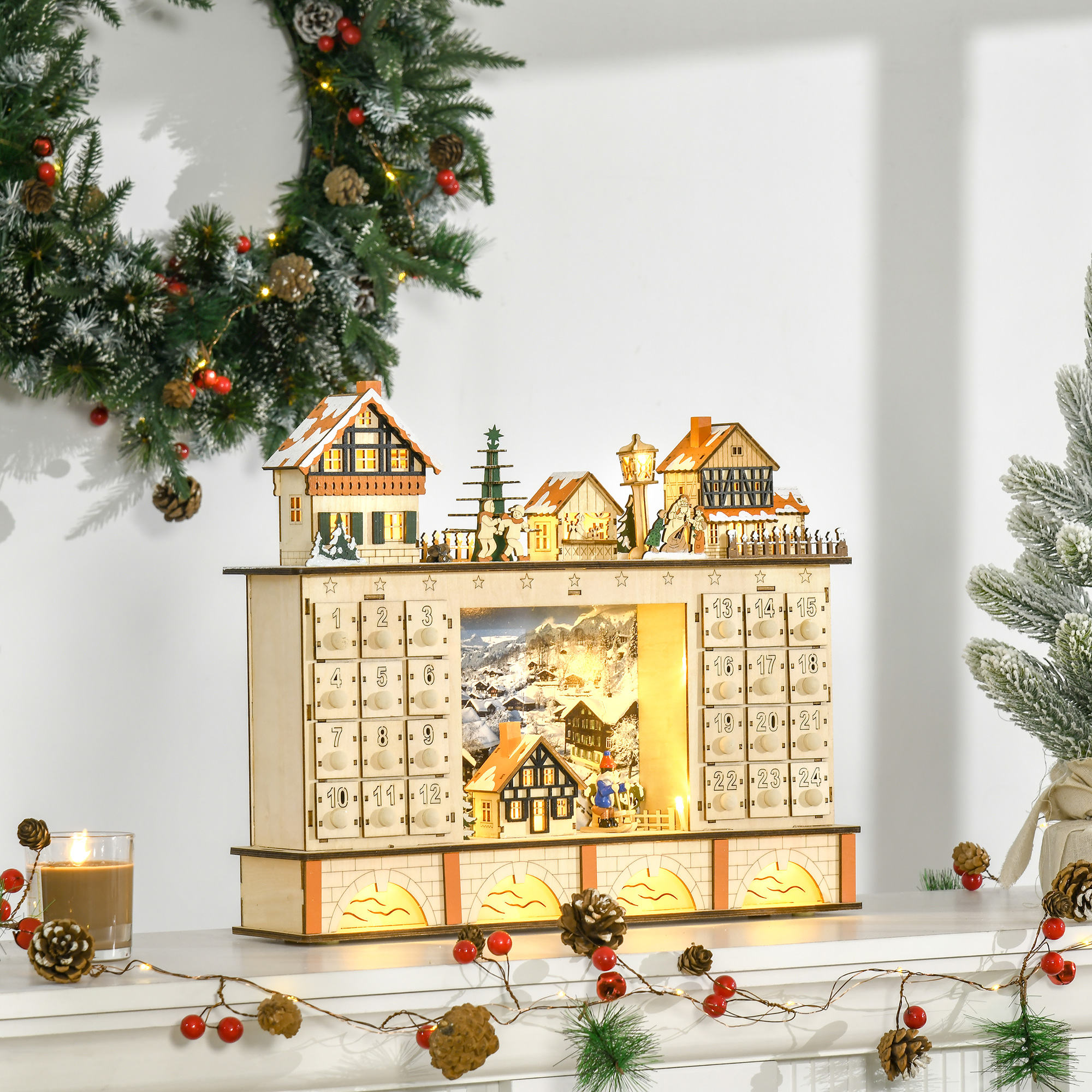 Homcom Calendario dell'Avvento in Legno con 24 Cassetti da Riempire, Decorazione con Villaggio di Natale e Luci, 44x10x37cm