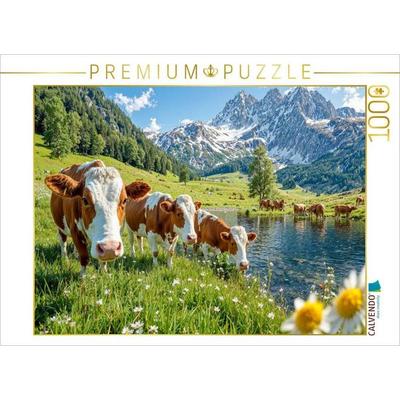 CALVENDO Puzzle Drei Kühe grasen friedlich auf der Alm - Idylle zwischen Bachlauf und Bergluft | 1000 Teile Lege-Größe 64x48cm Foto-Puzzle für