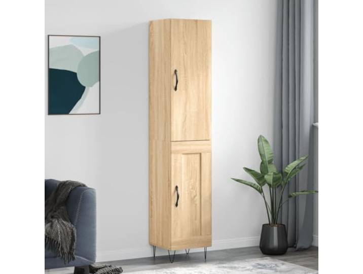 Jkghdrt Highboard Sonoma-Eiche 34,5x34x180 cm Holzwerkstoff mit Türen Glatte Oberfläche, stabile Metallfüße, viel Stauraum, wandmontagefähig, langlebiges Material