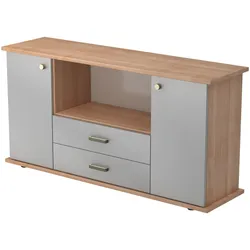 bümö Sideboard Nussbaum/Silber mit Flügeltüren & Regal  - Büromöbel Sideboard mit Schubladen Holz 166cm breit, 45cm schmal, Büro Schrank für Flur