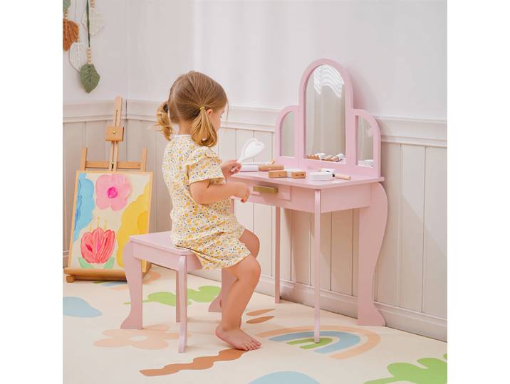 HOMCOM Coiffeuse Enfant Rose avec Tabouret et 3 Miroirs