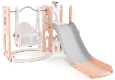 Costway 7-in-1 Toddler Swing and Slide Set L-shaped with Ladder and Basketball Hoop-Pink